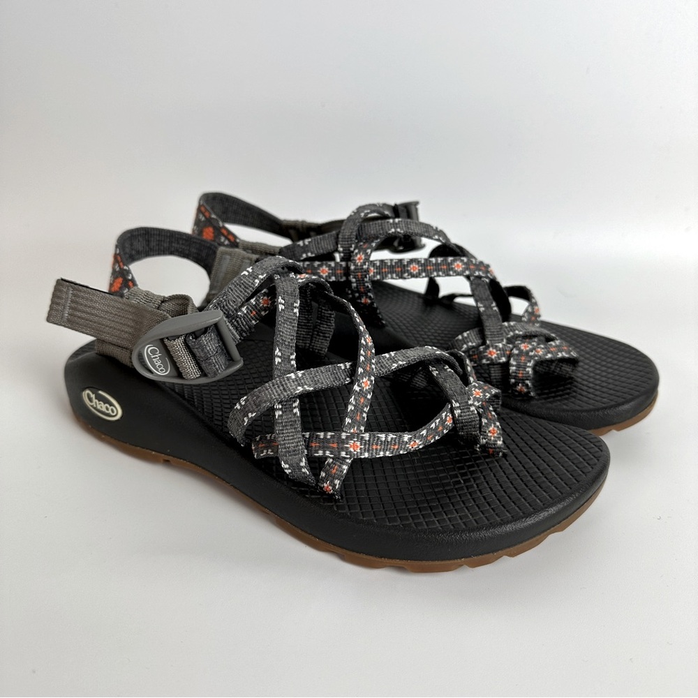 Chaco Women's Black Strappy Sandals with Gray and Orange Accent Pattern